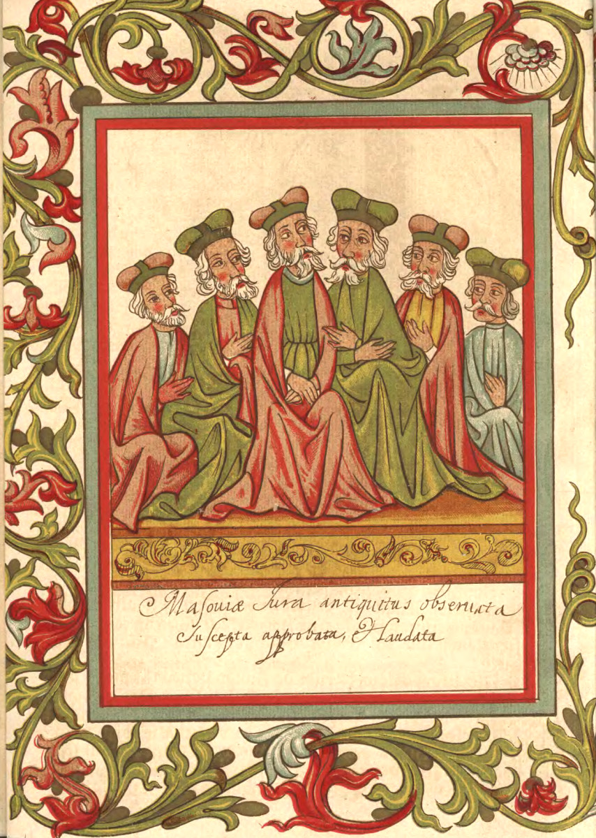 FOTO rycina z „Prawa książąt mazowieckich przełożone na język polski przez Macieja z Rożana r. 1450”, Poznań, 1877, sygn. 33623, domena publiczna FOTO rycina z „Prawa książąt mazowieckich przełożone na język polski przez Macieja z Rożana r. 1450”, Poznań, 1877, sygn. 33623, domena publiczna