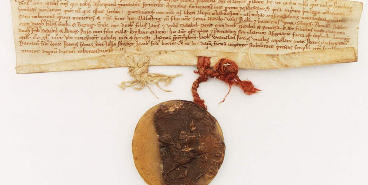 FOTO Bolesław książę mazowiecki nadaje klasztorowi w Czerwińsku wieś Powielin (Codex diplomaticus et commemorationum Masoviae generalis, wyd. J. K. Kochanowski, Warszawa 1919, nr 447). Archiwum Główne Akt Dawnych, Zbiór dokumentów pergaminowych nr 6436