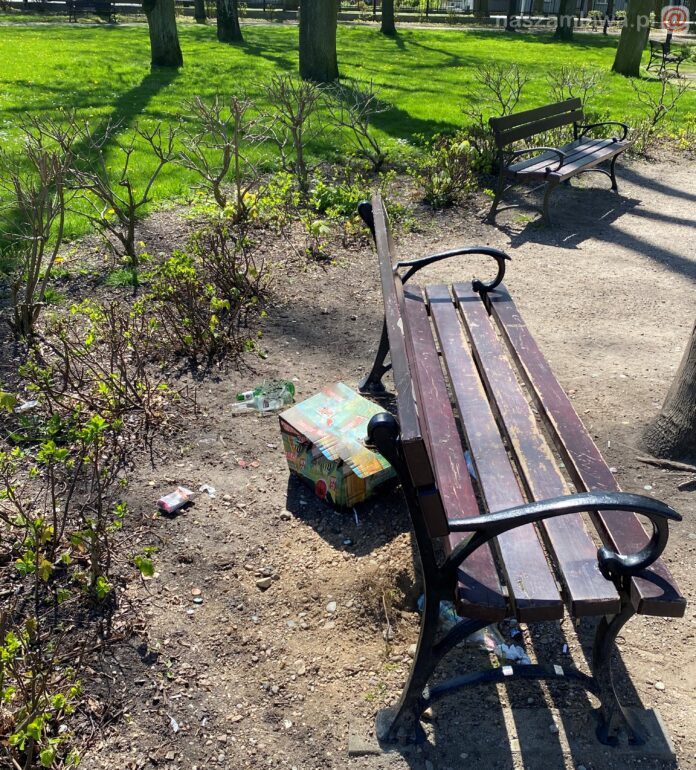 ławka i śmieci w parku