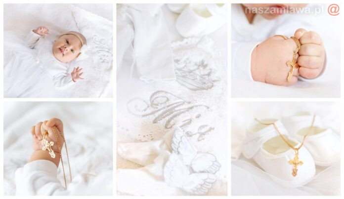 Collage of the sacrament of the baptism of a baby.