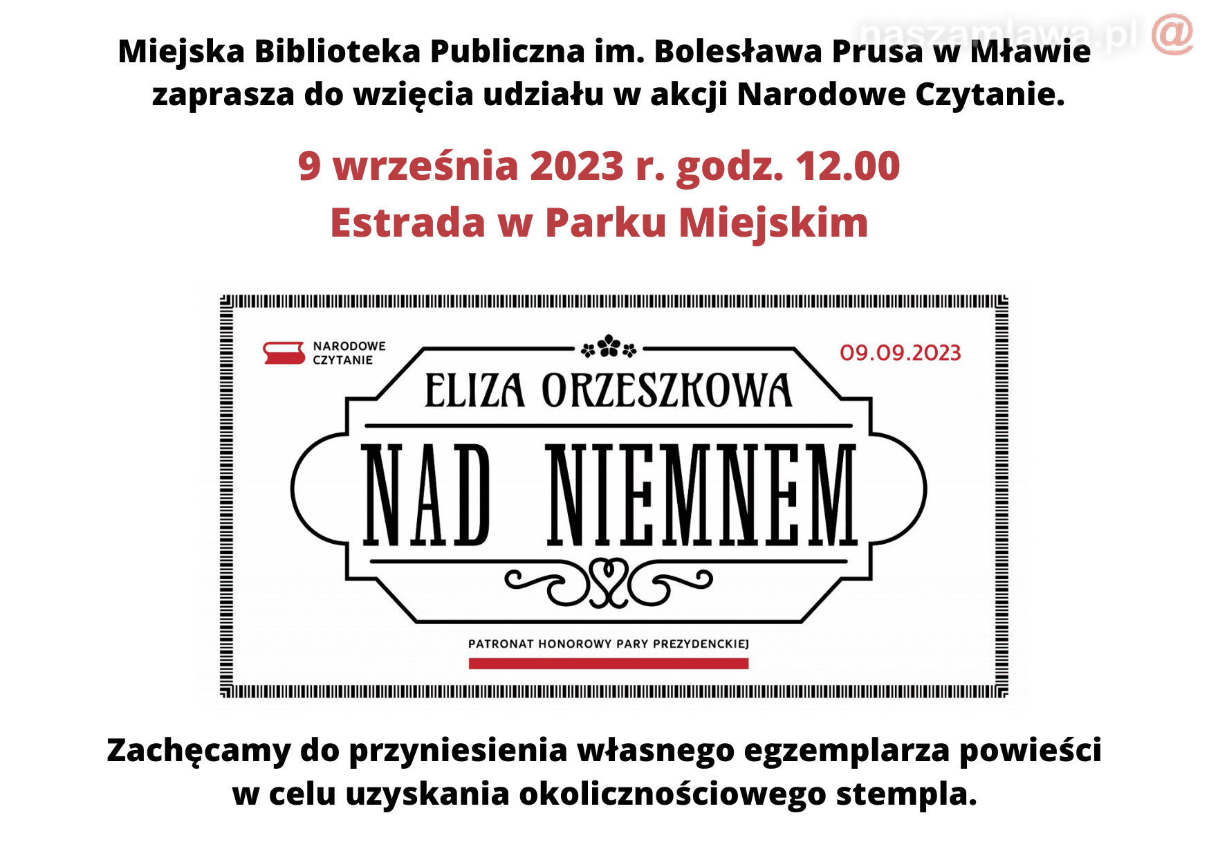 Miejska Biblioteka Publiczna w Mlawie zaprasza do wziecia udziALU edycje Narodowego Czytania 9 wrzesnia 2023 r. godzina 11 1